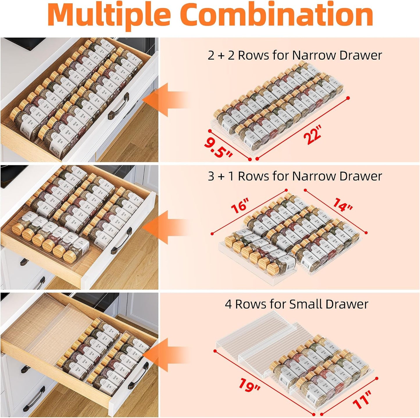 MUDEELA Clear Spice Drawer Organizer, 4 Tier- 2 Set (8 Packs) Spice Rack for Drawer, Expandable From 11" to 22" Kitchen Seasoning Organizers and Storage for Drawer (Jars not included)