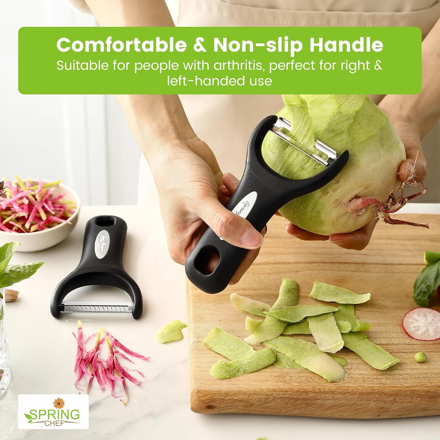 Spring Chef Swivel Potato Peeler & Julienne Vegetable Peeler w/Soft Handle | Premium Multifunctional Peelers for Kitchen with Sharp Stainless Steel Blades & Blade Covers, Dishwasher Safe Veggie Peelers
