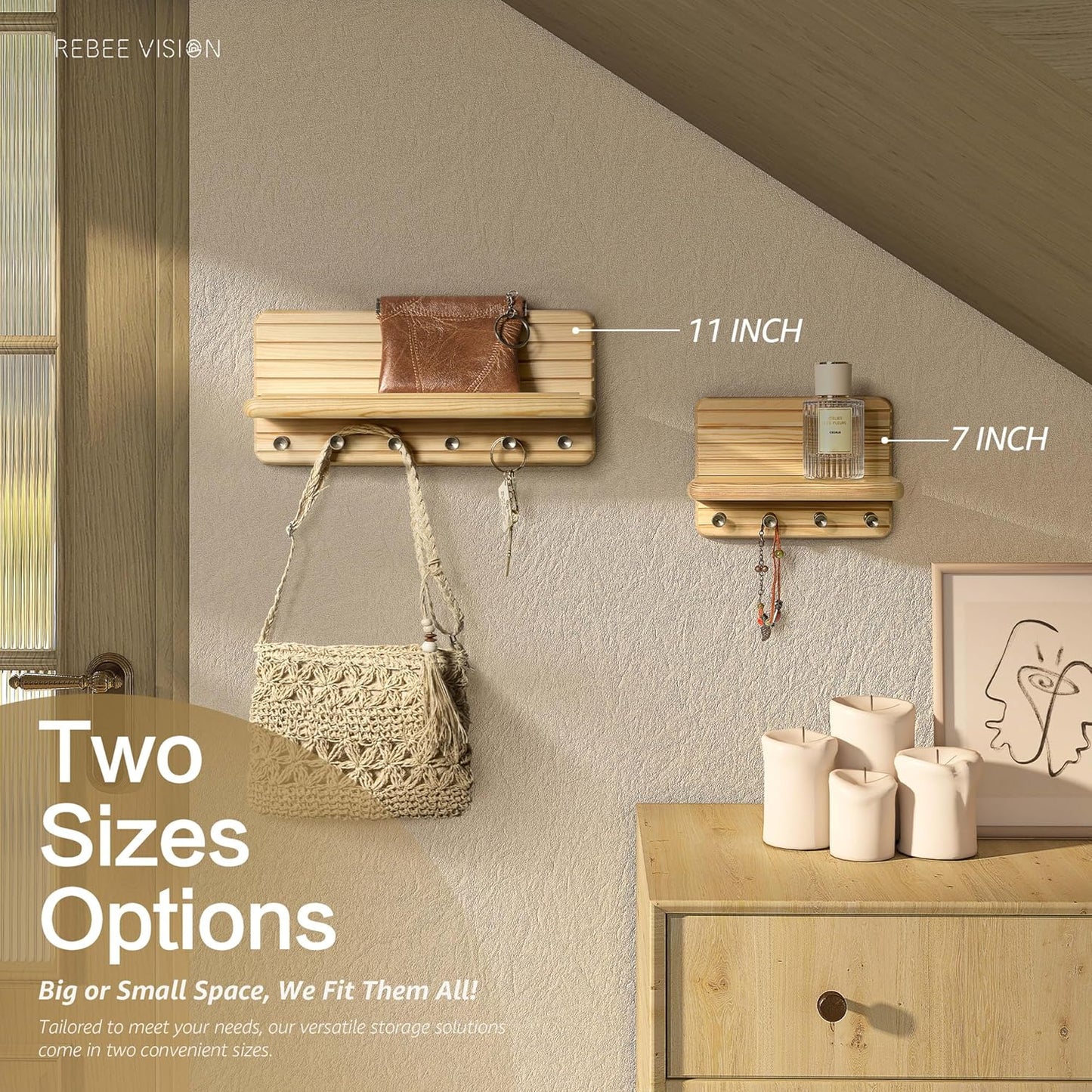 Rebee Vision Pine Wood Key Holder Wall Mount with Shelf for Entryway, Brown | 6 Key Hooks, Round Corner, Smooth&Hand-Friendly, Clear Wood Texture, Space-Saving Design, Organize Mail & Letter