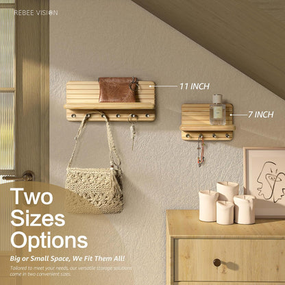 Rebee Vision Pine Wood Key Holder Wall Mount with Shelf for Entryway, Brown | 6 Key Hooks, Round Corner, Smooth&Hand-Friendly, Clear Wood Texture, Space-Saving Design, Organize Mail & Letter