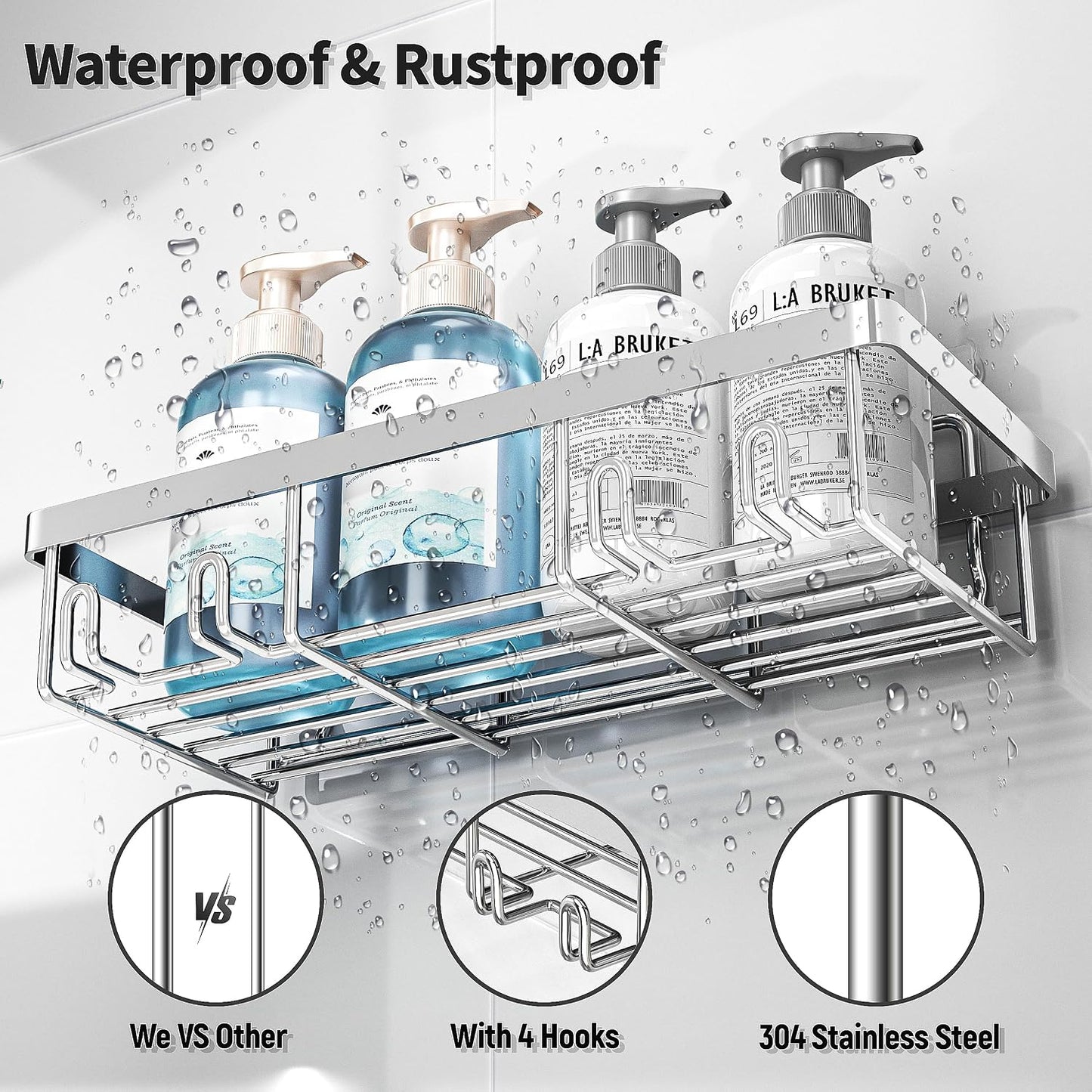 Liuoud 5 Pack Shower Caddy for Inside Shower, Gold Bathroom Storage Decor | Large Rustproof Stainless Steel Organizer with Strong Adhesive, No Drilling Wall Mounted Shelves, Bathroom Accessory Set