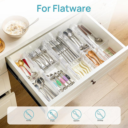 Vtopmart 2.36" Drawer Dividers with Expandable Inserts, 12.8"-22.3", 8 Pack | Adjustable Kitchen Drawer Organizer, Clear Organizer Separator for Flatware, Utensil, Cutlery, 8 Dividers with 14 Inserts