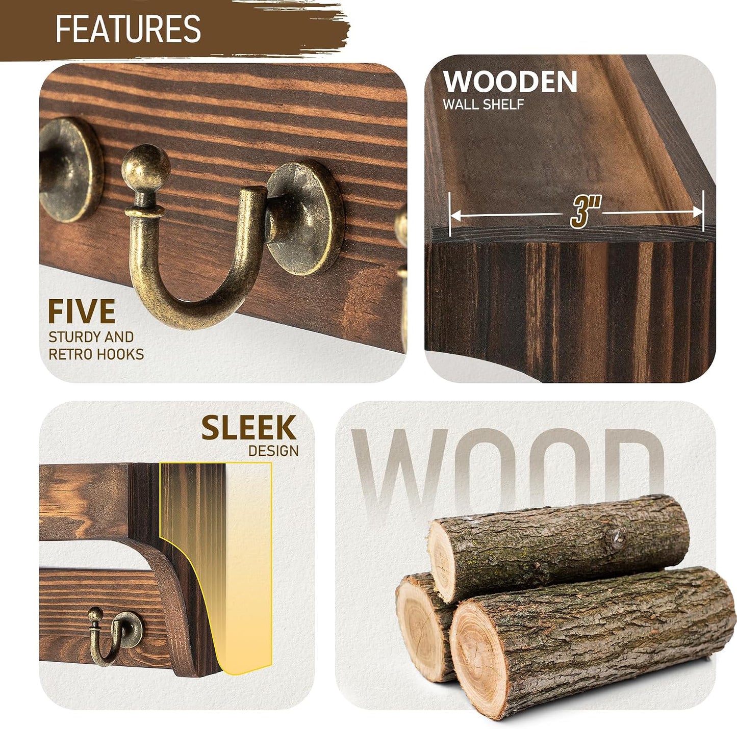 Rebee Vision Key Holder Wall Mount with 5 Hooks for Entryway, Retro Brown | Display Shelf for Plant & Letters, Key Shelf for Hats, Dog Leashes, Mail Organizer, Decorative Entryway & Living Room