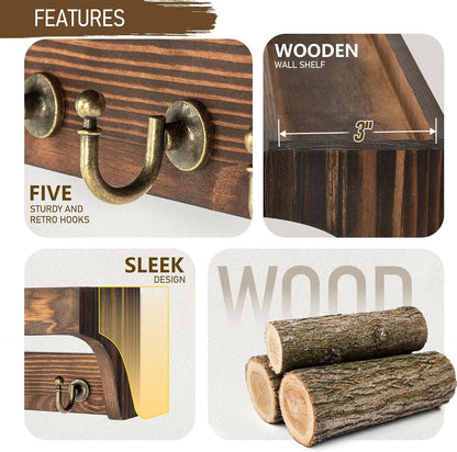 Rebee Vision Key Holder Wall Mount with 5 Hooks for Entryway, Retro Brown | Display Shelf for Plant & Letters, Key Shelf for Hats, Dog Leashes, Mail Organizer, Decorative Entryway & Living Room