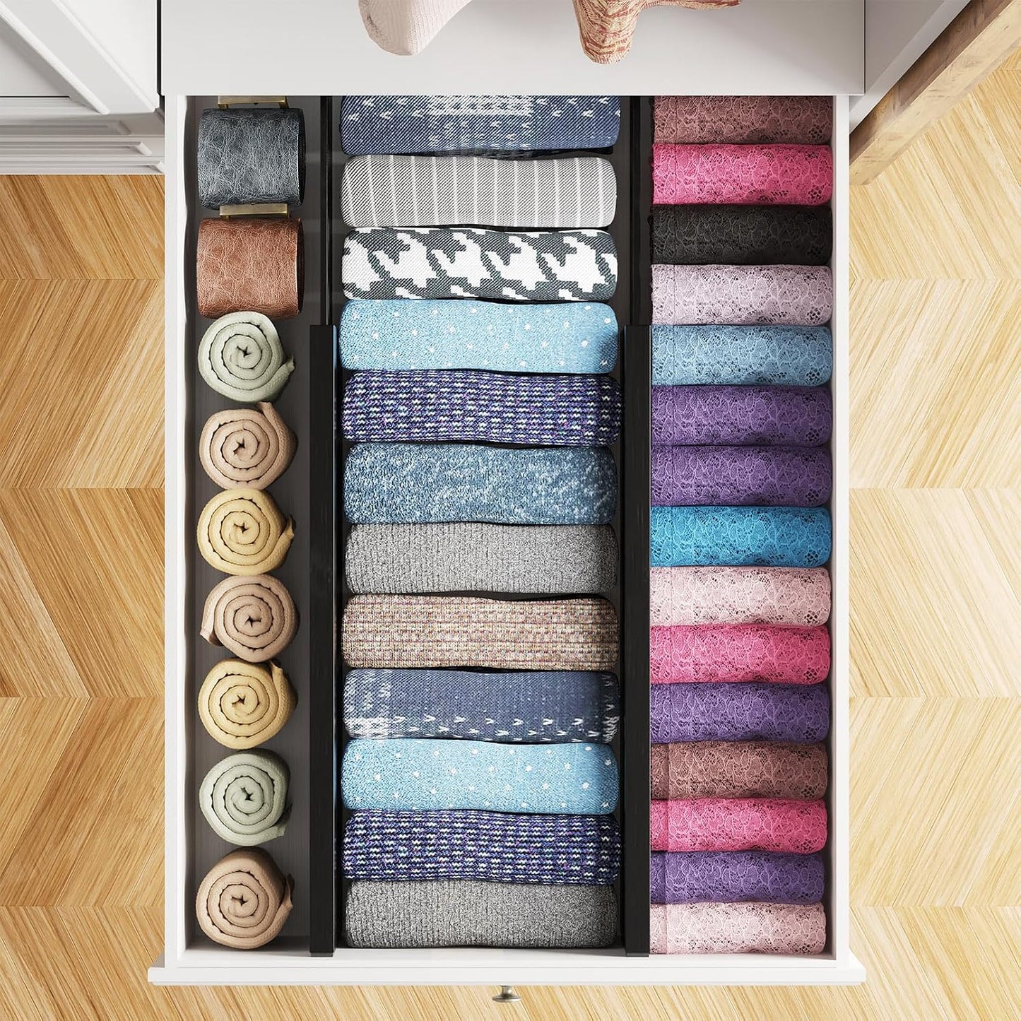 SpaceAid Bamboo 4 Pack Dresser Drawer Dividers, 4.65“ High Adjustable 12.5“-17” Drawer Organizers, Expandable Organization for Clothing, Clothes, Dressers, Black