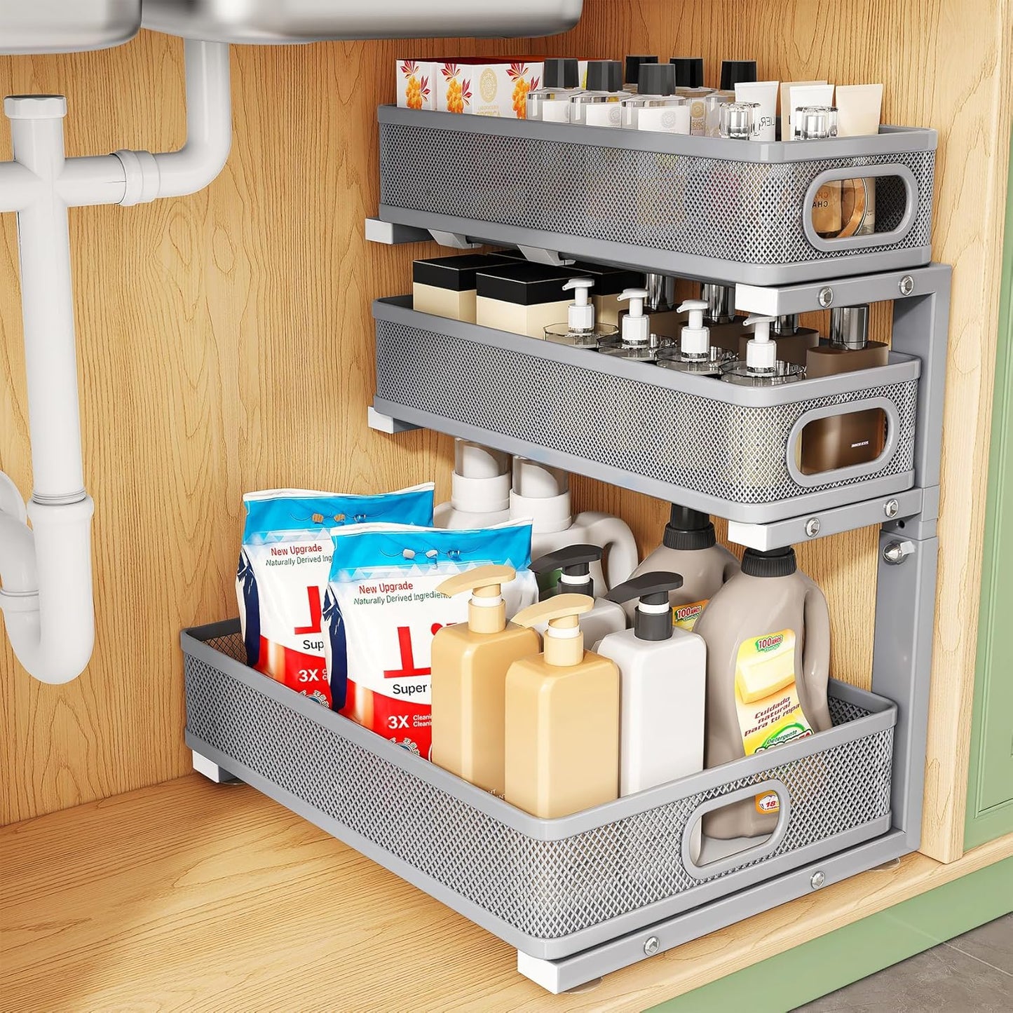 Kitstorack Under Sink Organizer, 2-Pack 3-Tier Height Adjustable Thickened Metal Pull out Cabinet Organizer Shelf, Slide out Storage Drawer Rack for Bathroom Kitchen Pantry Home Laundry Organization