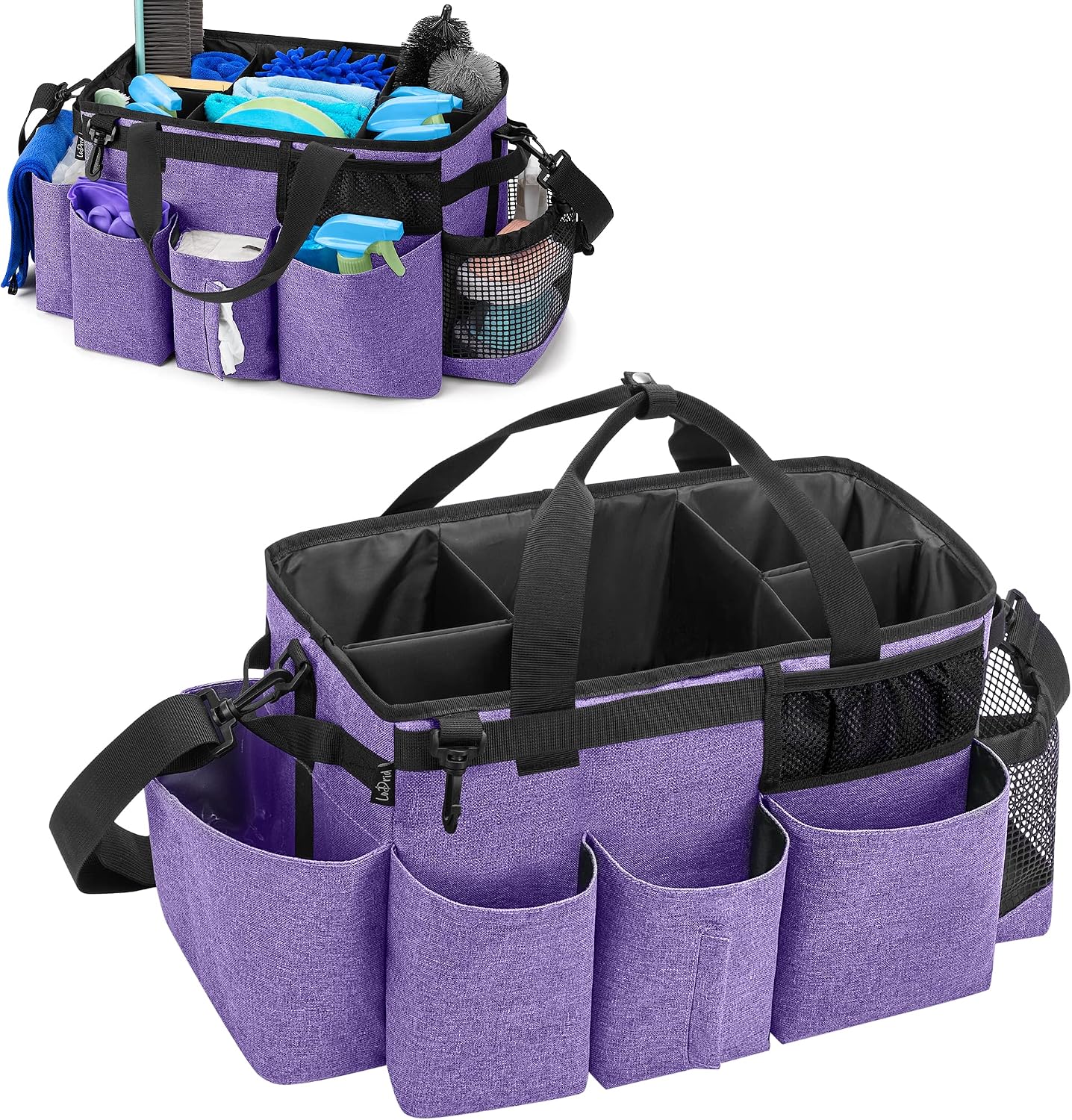 LoDrid Wearable Cleaning Caddy Bag with 4 Foldable Dividers, Black | Cleaning Supply Organizer with Shoulder Strap and Side Handles for Cleaners & Housekeepers