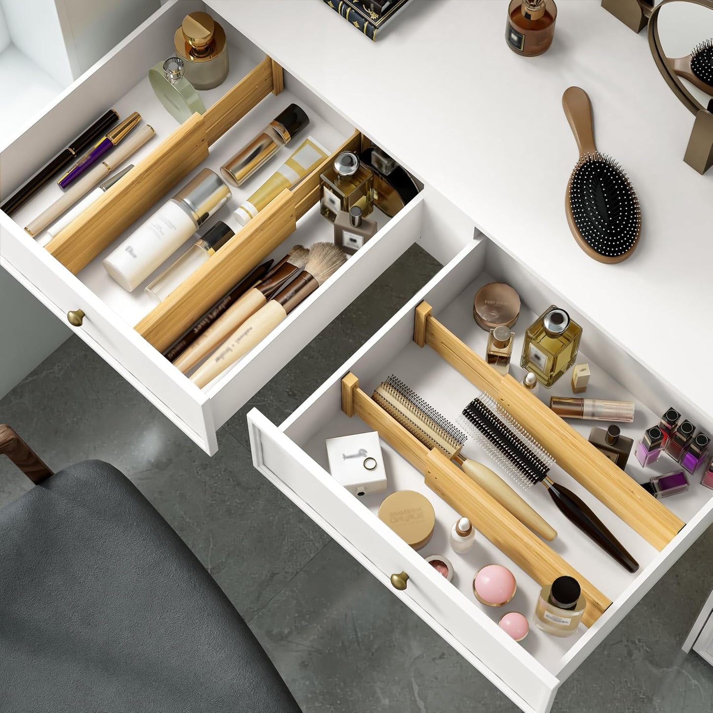 BAMEOS Bamboo Expandable Drawer Dividers – Fits 16.6"–22" Drawers, 2" High, Set of 4 | Spring-Loaded Bamboo Separator for Kitchen Island, Bathroom Vanity & Dresser Drawers