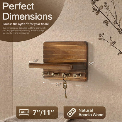 Rebee Vision Pine Wood Key Holder Wall Mount with Shelf for Entryway, Brown | 6 Key Hooks, Round Corner, Smooth&Hand-Friendly, Clear Wood Texture, Space-Saving Design, Organize Mail & Letter