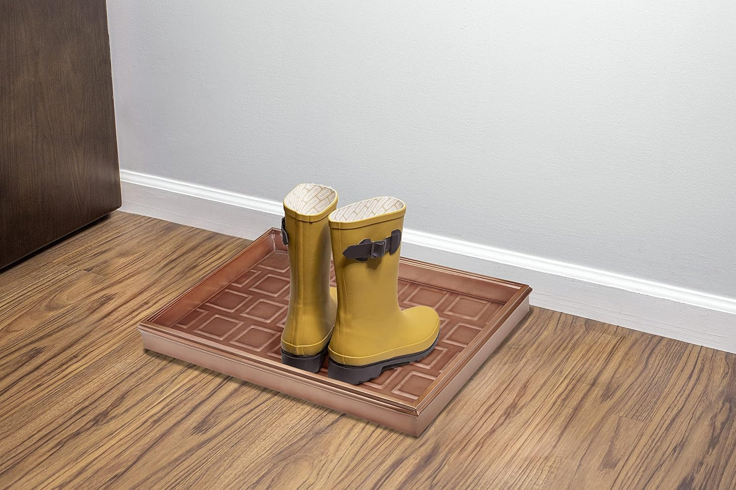 Good Directions 20″ x 14″ Decorative Squares Design Metal Boot Tray – Galvanized Steel with Copper Finish, Multi-Purpose Shoe, Plant & Pet Bowl Tray