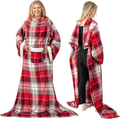 PAVILIA Wearable Blanket with Sleeves and Pocket for Women Men, Sherpa Trim