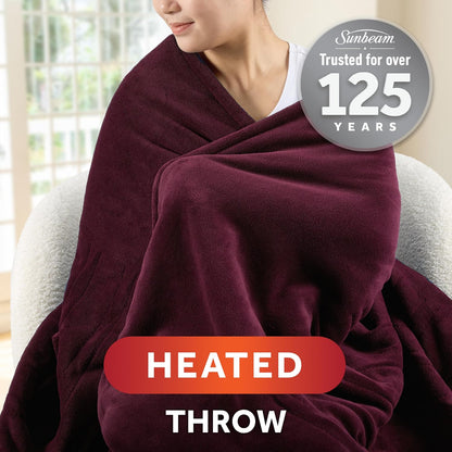 Sunbeam Electric Throw Royal Luxe Microplush Heated Blanket, 4 Heat Settings, 4-Hour Auto Shut-Off, Fast Heating, Warm and Cozy, Walnut Color, 50" x 60"