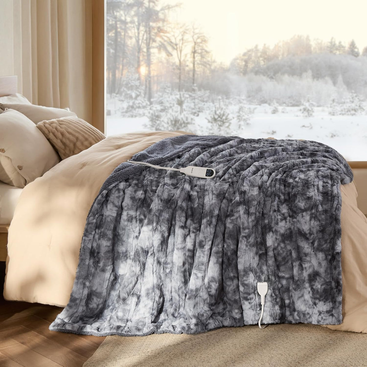 Bedsure Heated Blanket Throw, Soft Electric Blanket with Preheat, Cream