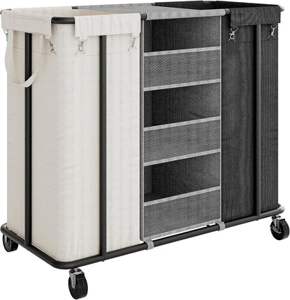 WOWLIVE Laundry Sorter 2 Section, 200L Rolling Laundry Hamper with Wheels | Laundry Cart with Steel Frame, Laundry Basket with Hanging and Removable Bag, Storage Unit Basket Organizer for Dorm, Beige