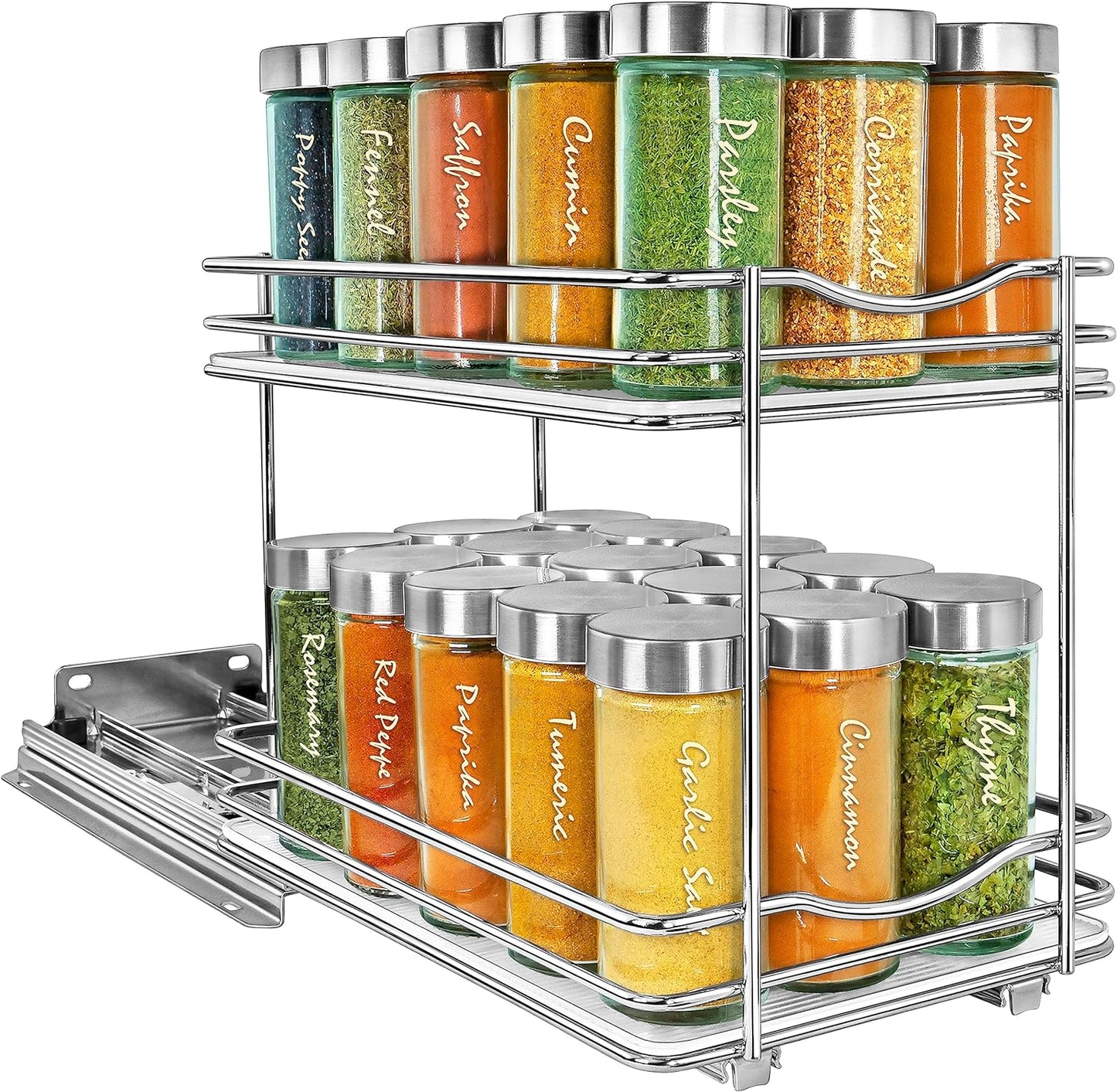 LYNK PROFESSIONAL® Pull Out Spice Organization for Cabinets - 4-3/8 inch Wide – Spice Rack for Inside Cabinets, Slide Out Spice Rack Organizer for cabinet – Pull Out Spice Rack, Sliding 2 Tier Chrome