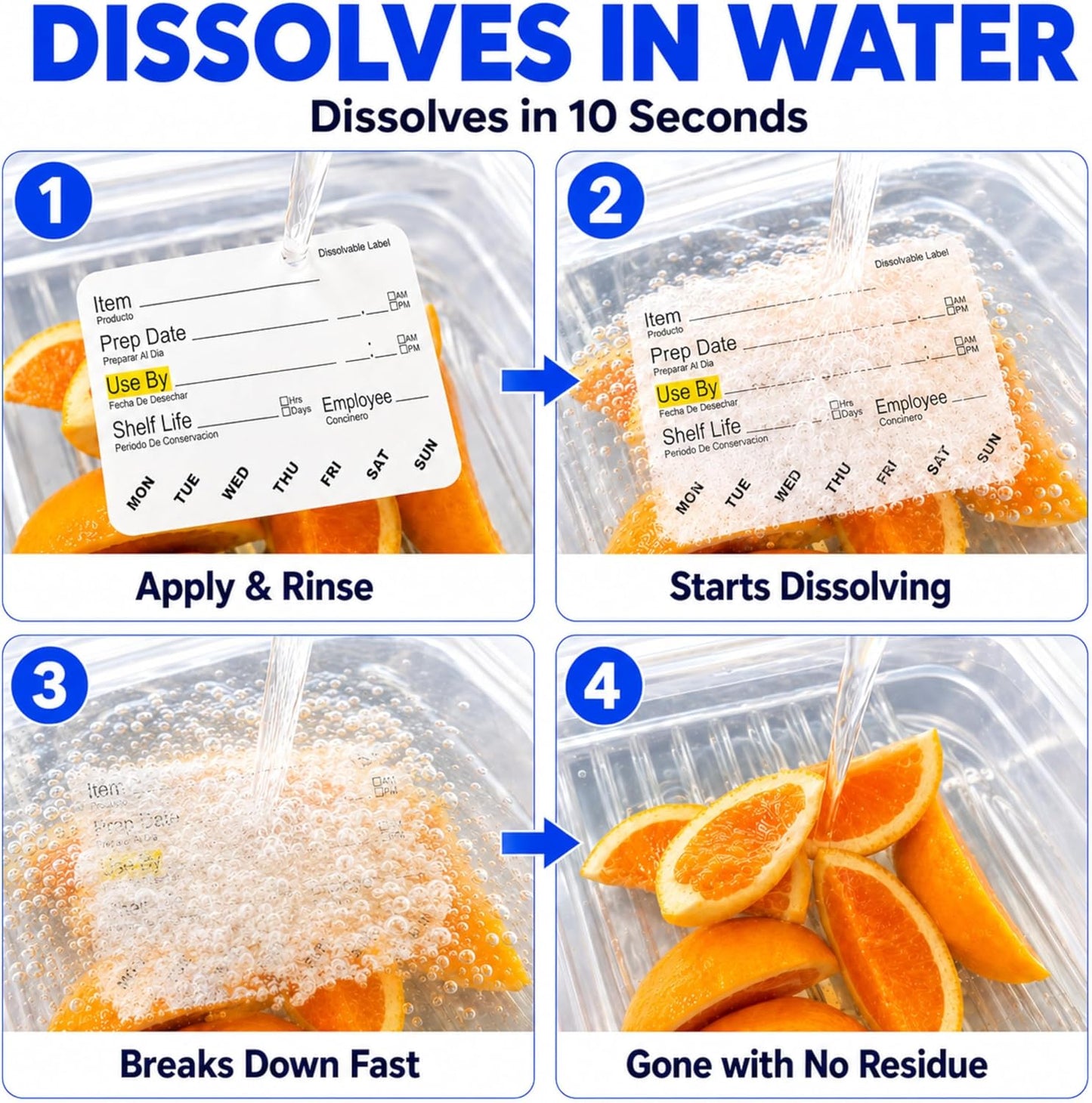 Water Dissolvable Food Labels, 2 x 3, 500/Roll, Food Rotation | Writable Rotation Stickers for Prep Date, Use By, Shelf Life, Restaurants, Kitchens, Fridge and Freezer Storage. Made in USA