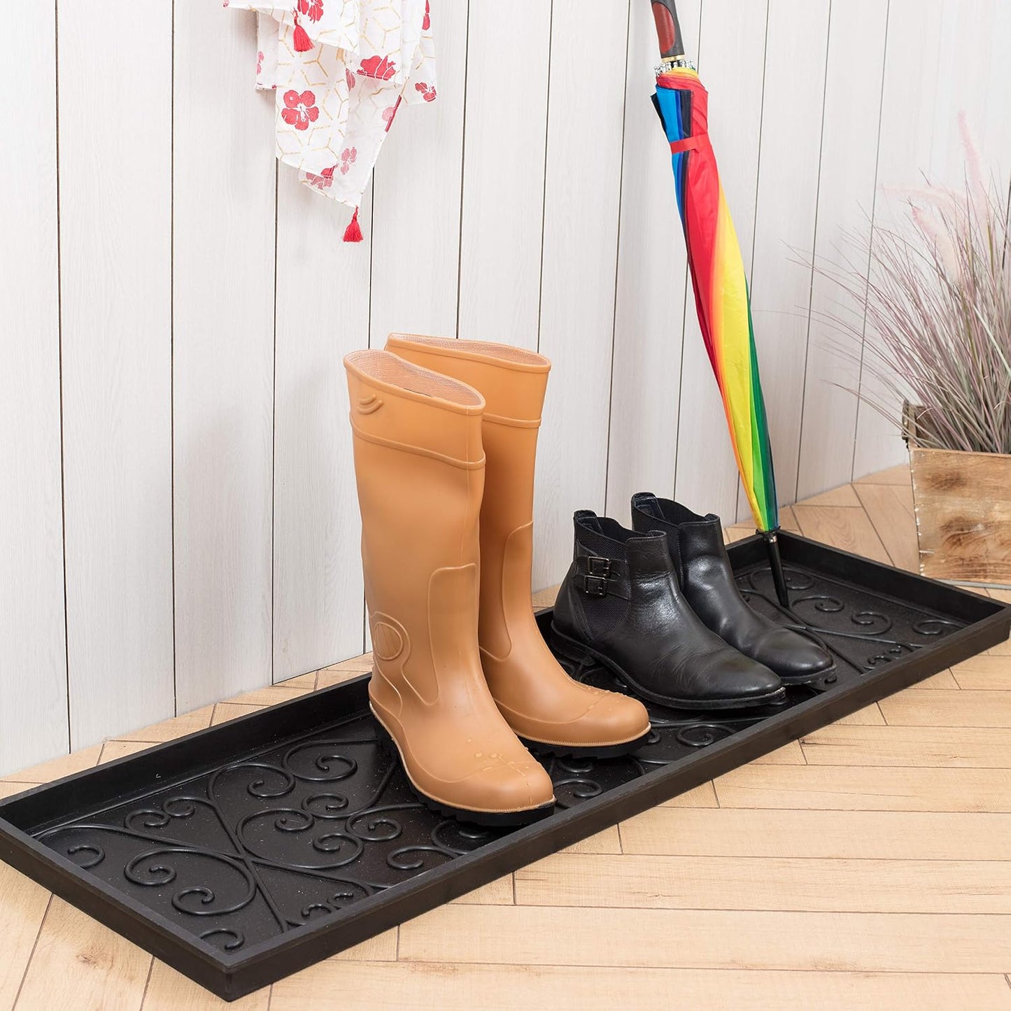 Anji Mountain Heavy Duty Waterproof Rubber Shoe Storage Mat Organizer/Boot Storage Tray Multi Use For Entryway with Coir, Tan Insert, Fits 2 Pair (24.5" Wide)