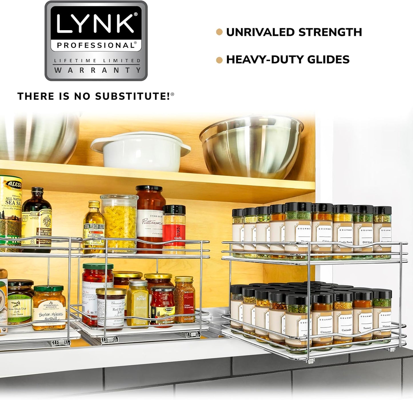 LYNK PROFESSIONAL® Pull Out Spice Organization for Cabinets - 4-3/8 inch Wide – Spice Rack for Inside Cabinets, Slide Out Spice Rack Organizer for cabinet – Pull Out Spice Rack, Sliding 2 Tier Chrome