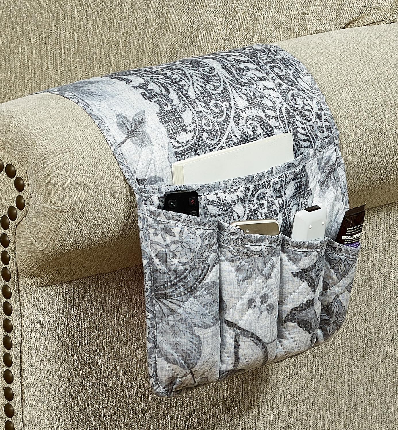 Brilliant Sunshine Burgundy Toile Floral Couch Armrest Cover, 35"×13" | Washable Magazine Holder, Armrest Organizer & Caddy on Sofa, Recliner, Armchair, Storage for Remote Controls, Phone, iPad