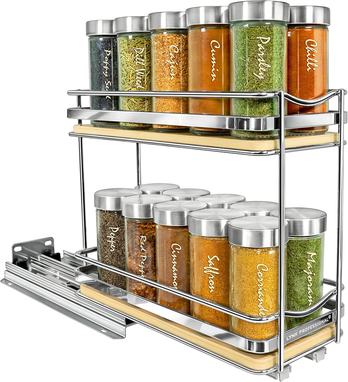 LYNK PROFESSIONAL® Pull Out Spice Organization for Cabinets - 4-3/8 inch Wide – Spice Rack for Inside Cabinets, Slide Out Spice Rack Organizer for cabinet – Pull Out Spice Rack, Sliding 2 Tier Chrome