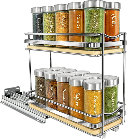 LYNK PROFESSIONAL® Pull Out Spice Organization for Cabinets - 4-3/8 inch Wide – Spice Rack for Inside Cabinets, Slide Out Spice Rack Organizer for cabinet – Pull Out Spice Rack, Sliding 2 Tier Chrome