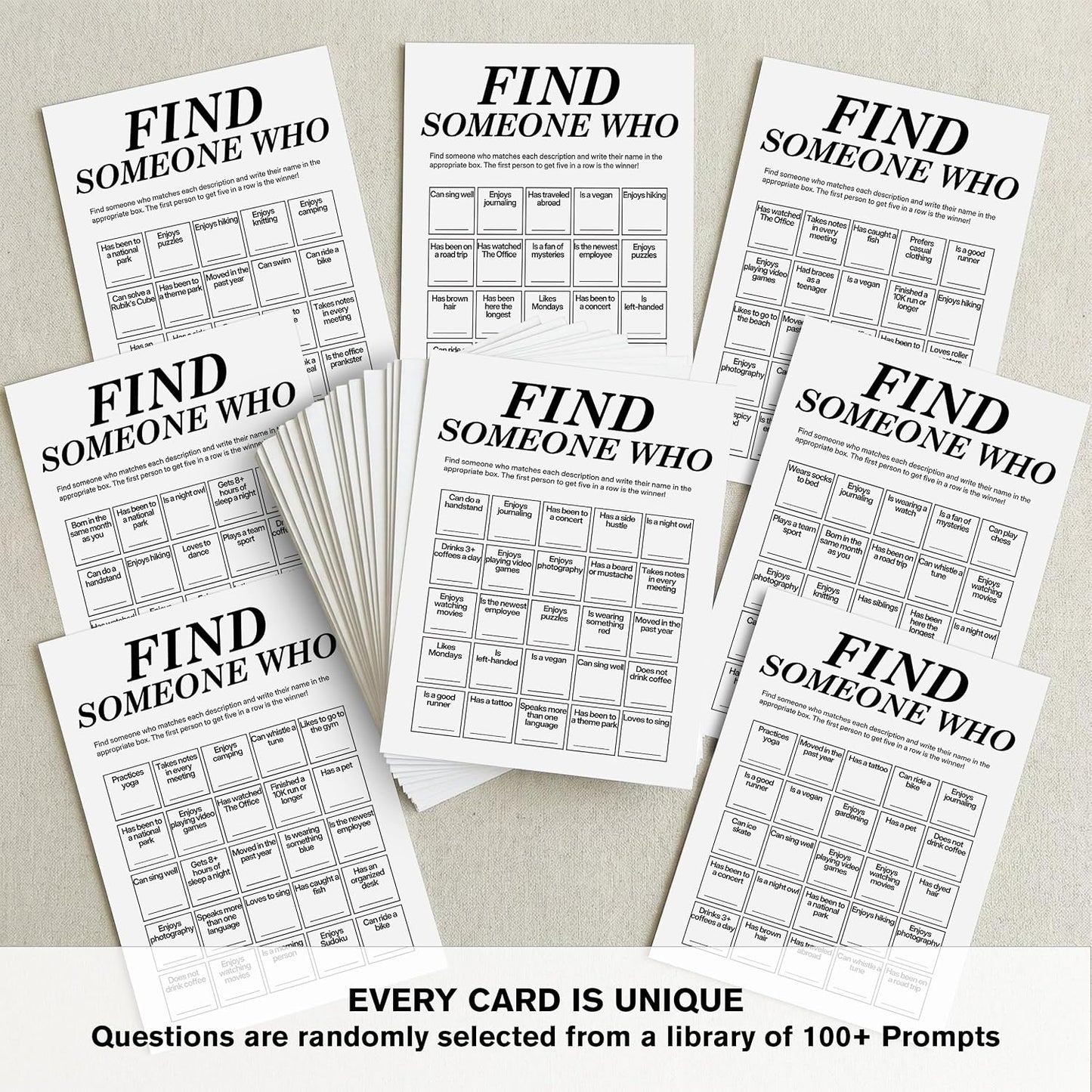 Find Someone Who Bingo Cards, 25 Unique Randomized 5x7 Sheets, Get to Know You Bingo Game for Adults, Ice Breaker Office Party Games, Team Building Games for Work, High Replay Value - A05
