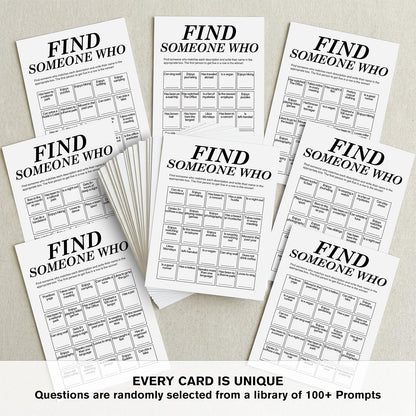 Find Someone Who Bingo Cards, 25 Unique Randomized 5x7 Sheets, Get to Know You Bingo Game for Adults, Ice Breaker Office Party Games, Team Building Games for Work, High Replay Value - A05