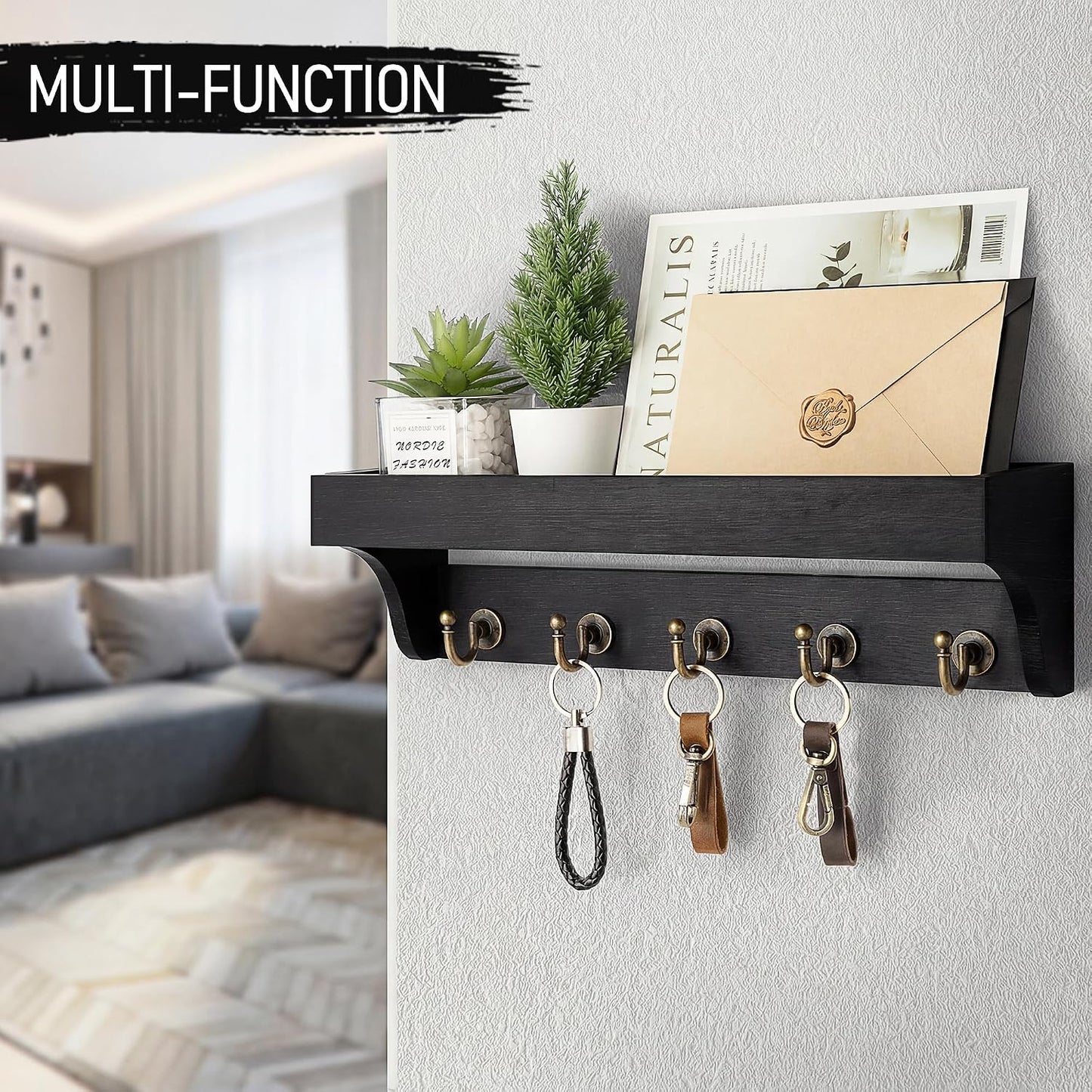 Rebee Vision Key Holder Wall Mount with 5 Hooks for Entryway, Retro Brown | Display Shelf for Plant & Letters, Key Shelf for Hats, Dog Leashes, Mail Organizer, Decorative Entryway & Living Room