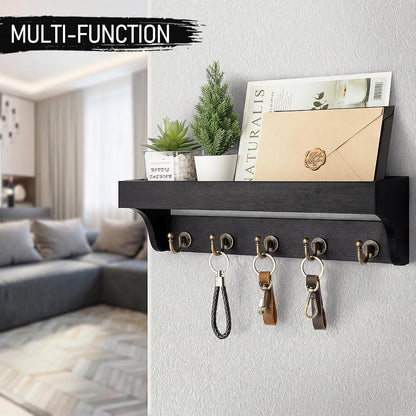 Rebee Vision Key Holder Wall Mount with 5 Hooks for Entryway, Retro Brown | Display Shelf for Plant & Letters, Key Shelf for Hats, Dog Leashes, Mail Organizer, Decorative Entryway & Living Room