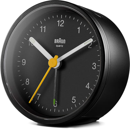 Braun Classic Analogue Alarm Clock with Snooze and Light, Quiet Quartz Movement, Crescendo Beep Alarm in White, Model BC12W.