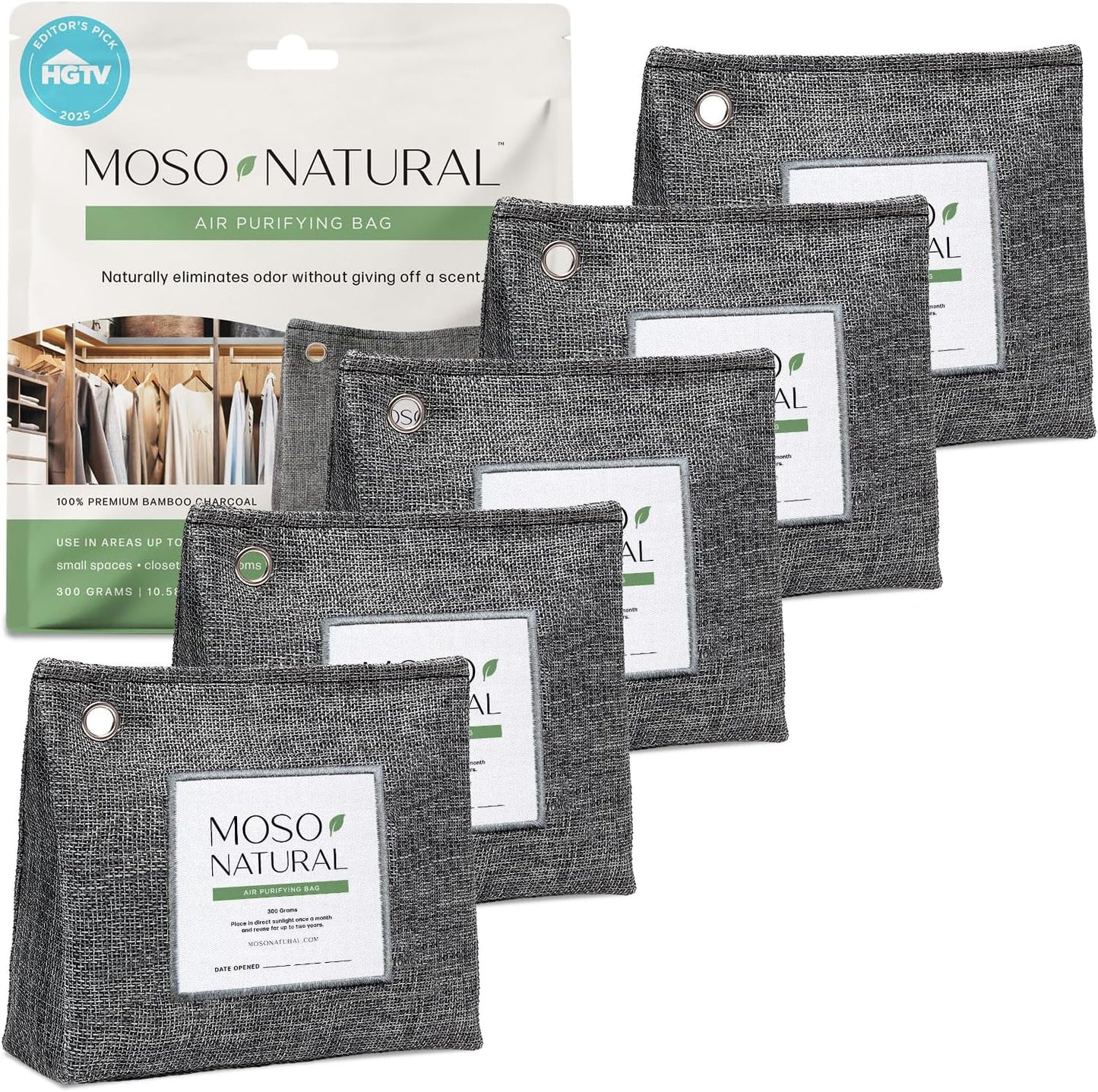 Moso Natural Air Purifying Bag 300g, Premium Charcoal Odor Absorber & Deodorizer for Closets, Bathrooms & Small Spaces — Lasts 2 Years, Pet Odor Eliminator for Home, Unscented Bamboo Charcoal Bag