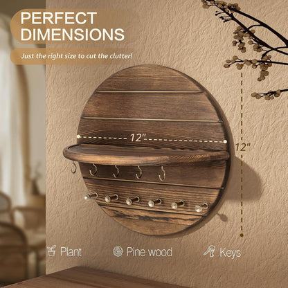 Rebee Vision Pine Wood Round Key Holder Wall Mount for Home Decor, Brown | Round Corner, Key Hooks for Dog leashes & Sunglasses, Display Shelf for Plant & Letters, Mail Organizer, Home Essentials