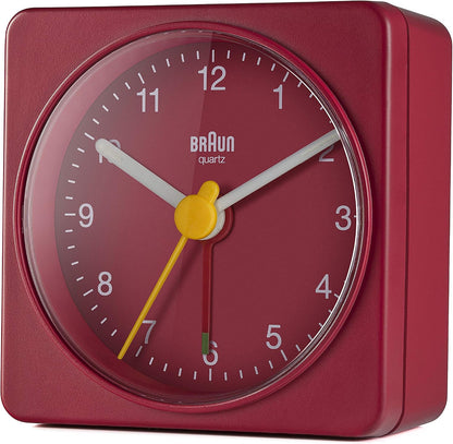 Braun Classic Travel Analogue Alarm Clock with Snooze and Light, Compact Size, Quiet Quartz Movement, Crescendo Beep Alarm in Black and White, Model BC02XBW.