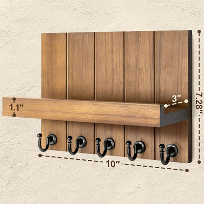 Rebee Vision Key Holder Wall Mount with 5 Key Hooks for Home Decor, Brown | 3.54'' x 10'' x 7.28'', Small Shelf for Display Plant, Key Hangers for Hat, Entryway Space-Saving Storage