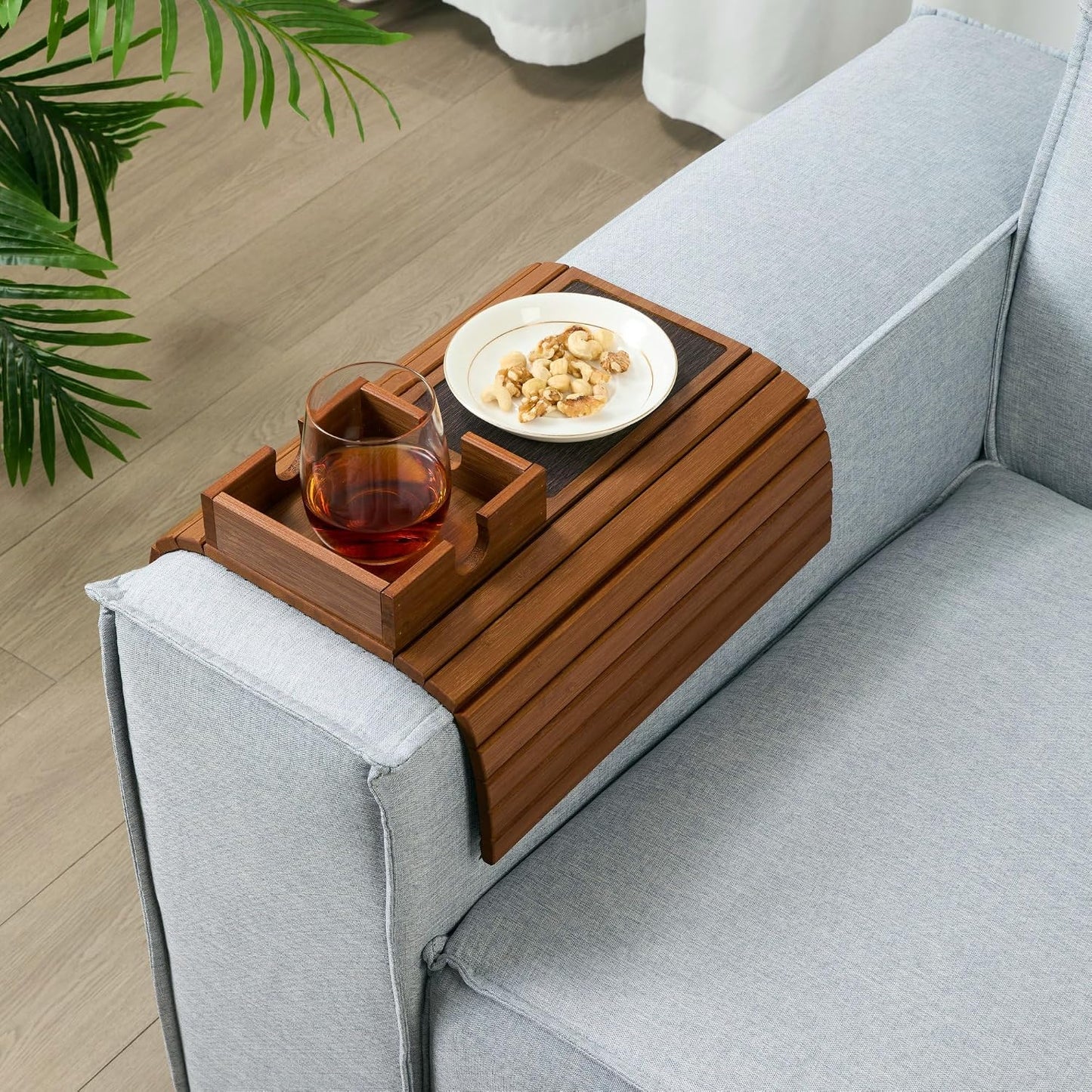 Detor Couch Cup Holder Tray with Super Anti-Slip Pad, Large 4.5" x 4.5" Organizer, Brown-Stained Bamboo Finish, Enhanced Non-Slip Felt Base, Durable Bamboo Slats, Fits Armrests 5.5" and Wider