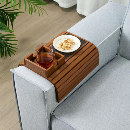 Detor Couch Cup Holder Tray with Super Anti-Slip Pad, Large 4.5" x 4.5" Organizer, Brown-Stained Bamboo Finish, Enhanced Non-Slip Felt Base, Durable Bamboo Slats, Fits Armrests 5.5" and Wider
