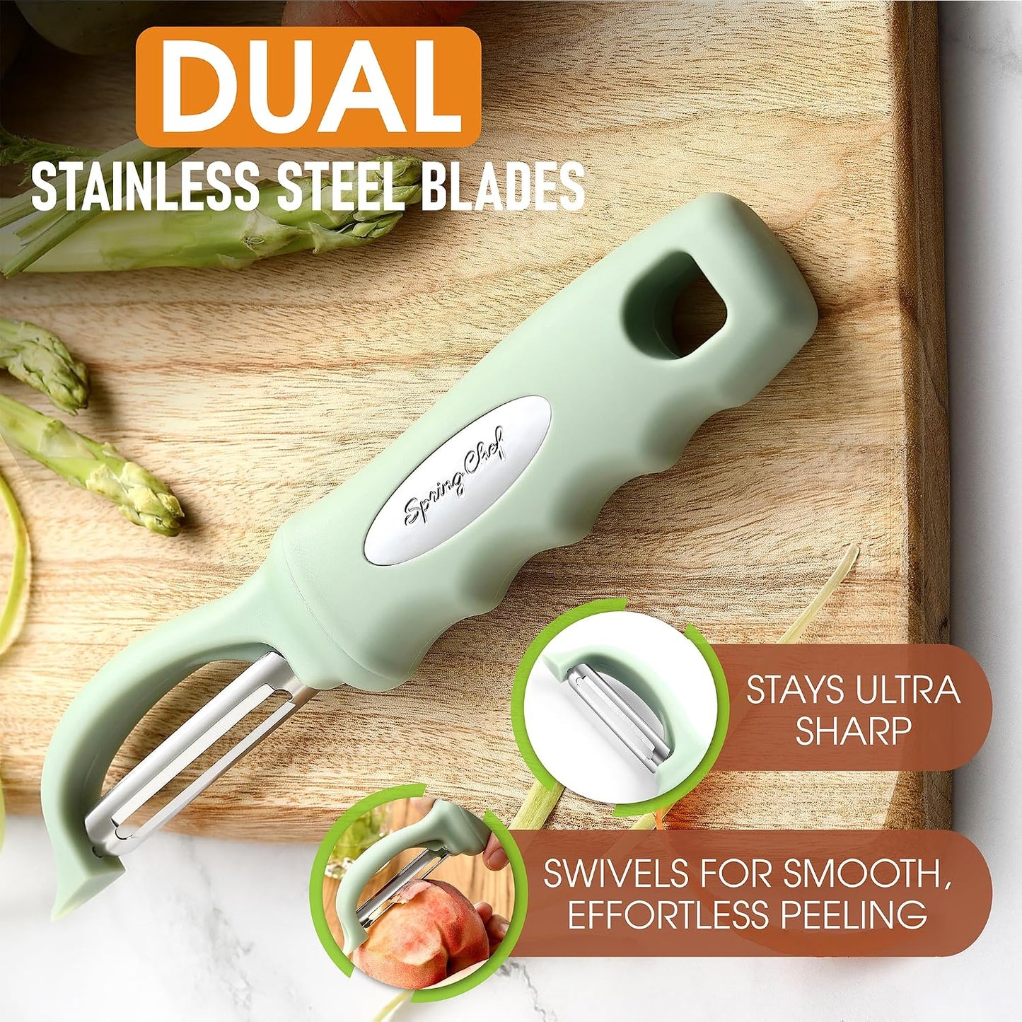 Spring Chef Swivel Potato Peeler for Kitchen w/ Soft Grip Handle, Mango | Premium Vegetable Peeler w/ Sharp Stainless Steel Blades, Multifunctional Food Peeler for Apple, Carrot, Cucumber, Fruit