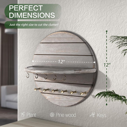 Rebee Vision Pine Wood Round Key Holder Wall Mount for Home Decor, Brown | Round Corner, Key Hooks for Dog leashes & Sunglasses, Display Shelf for Plant & Letters, Mail Organizer, Home Essentials