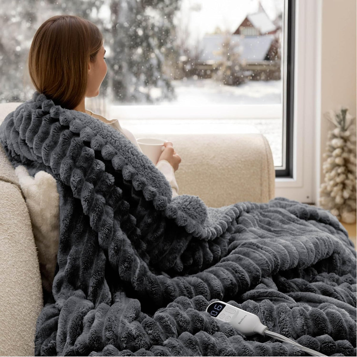 Bedsure Heated Blanket Electric Throw - Thick Striped Fast Heating Electric Blanket with Preheat Function, 6 Heat & 6 Timer (Up to 10H), 8H Auto Off, ETL Certified, Gifts for Women (50"x60", White)