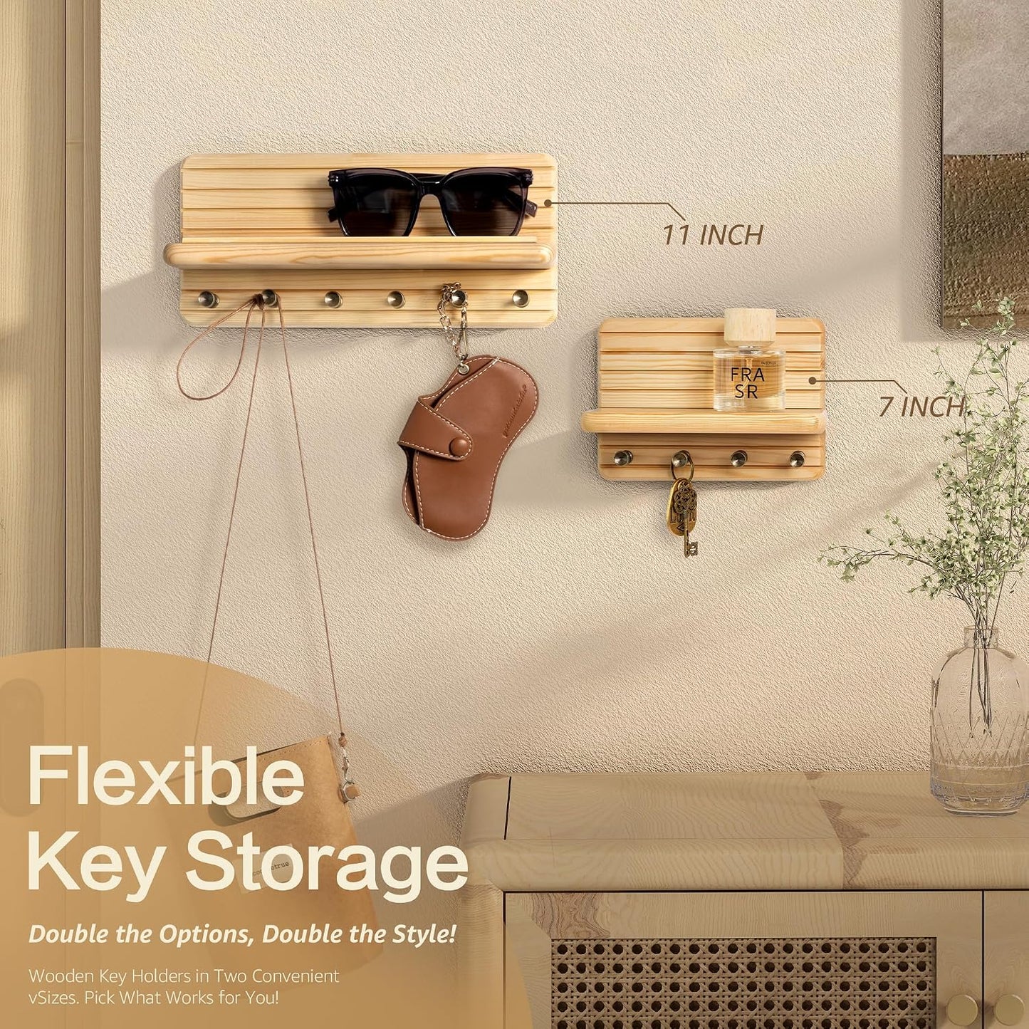Rebee Vision Pine Wood Key Holder Wall Mount with Shelf for Entryway, Brown | 6 Key Hooks, Round Corner, Smooth&Hand-Friendly, Clear Wood Texture, Space-Saving Design, Organize Mail & Letter