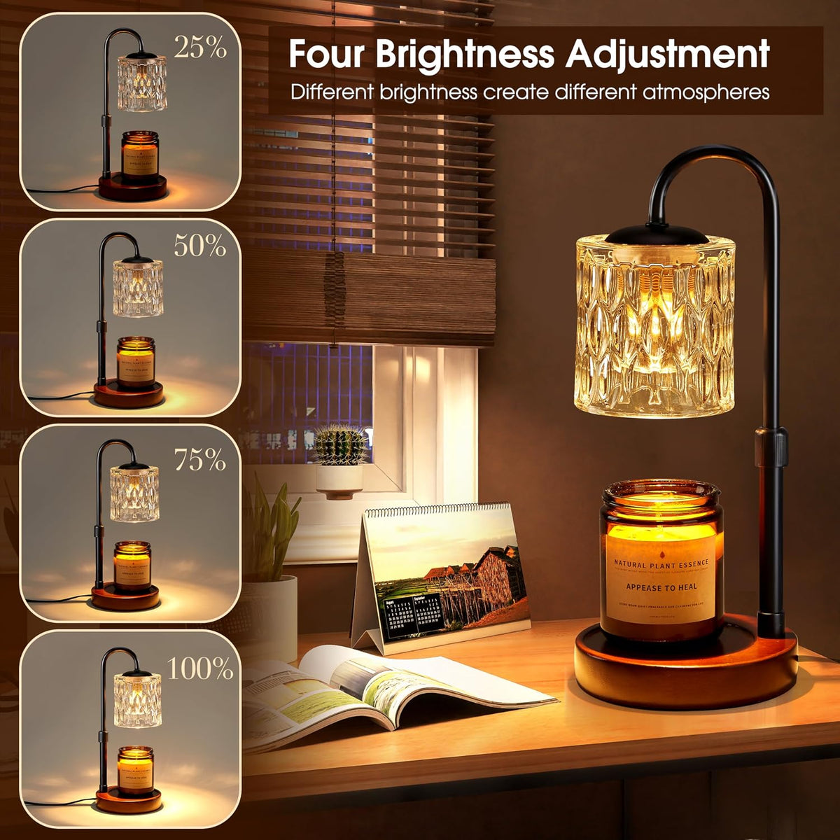 Briever Dimmable Candle Warmer Lamp with Timer, Height Adjustable Electric Candle Wax Warmer, Christmas Birthday Gifts for Women Mom, House Warming Gifts New Home Room Decor, Black Solid Wood Base