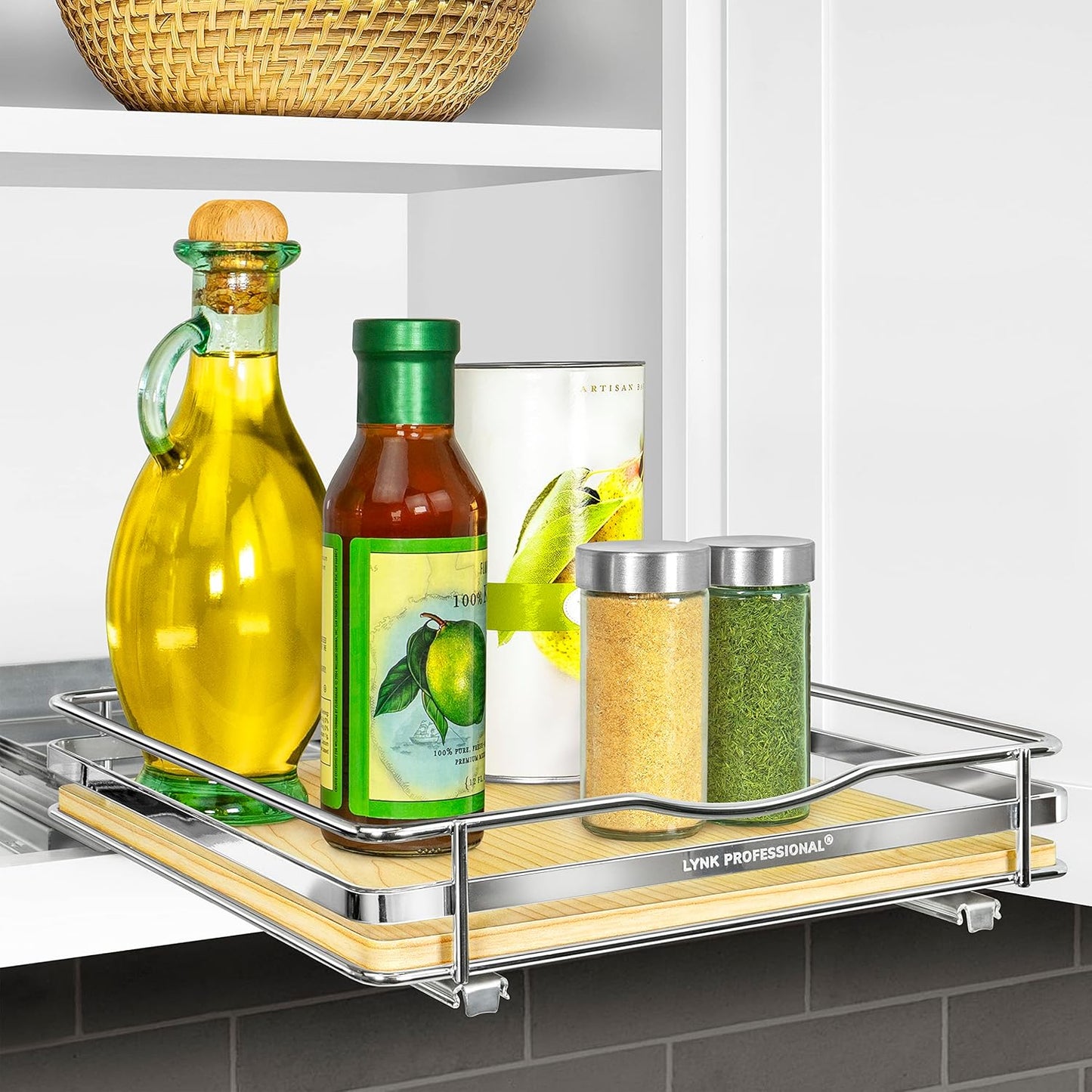 LYNK PROFESSIONAL® Pull Out Spice Organization for Cabinets - 4-3/8 inch Wide – Spice Rack for Inside Cabinets, Slide Out Spice Rack Organizer for cabinet – Pull Out Spice Rack, Sliding 2 Tier Chrome