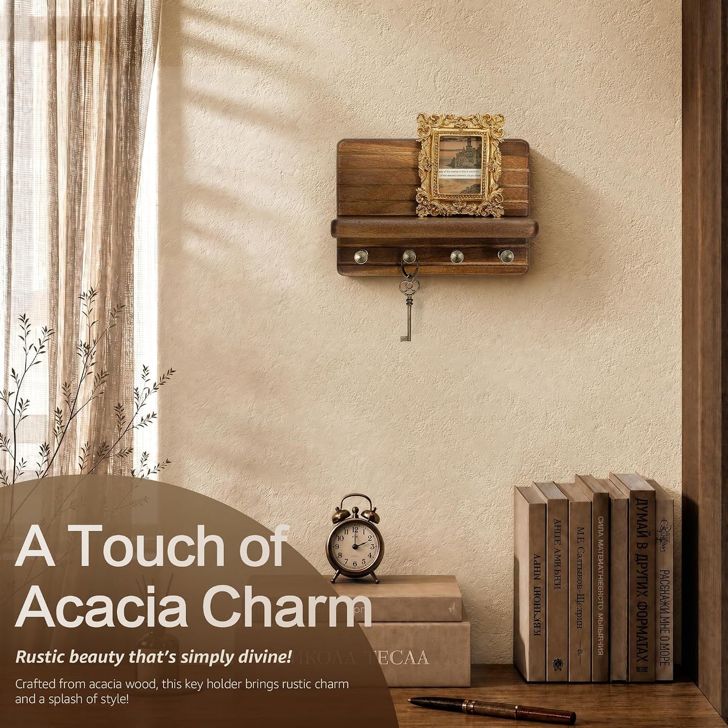 Rebee Vision Pine Wood Key Holder Wall Mount with Shelf for Entryway, Brown | 6 Key Hooks, Round Corner, Smooth&Hand-Friendly, Clear Wood Texture, Space-Saving Design, Organize Mail & Letter
