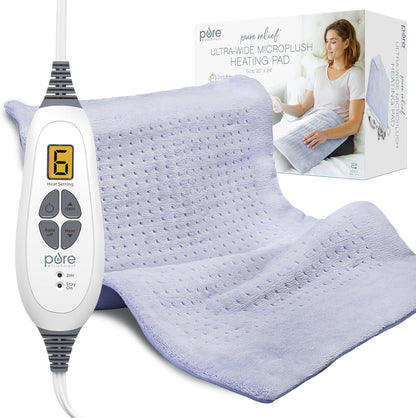 Pure Enrichment PureRelief Ultra-Wide Microplush Heating Pad - 20” x 24” XXL Size & 6 Heat Settings for Temporary Neck, Shoulder & Back Pain Relief - Moist Heat Option & Machine Washable (Gray)
