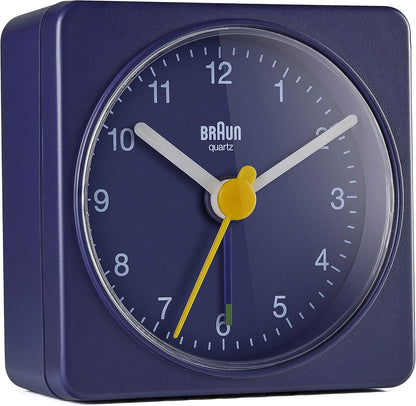 Braun Classic Travel Analogue Alarm Clock with Snooze and Light, Compact Size, Quiet Quartz Movement, Crescendo Beep Alarm in Black and White, Model BC02XBW.