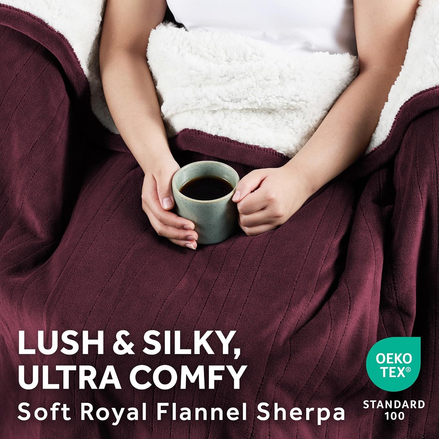 Sunbeam Electric Throw Royal Mink Sherpa Heated Blanket, 4 Heat Settings, 4-Hour Auto Shut-Off, Fast Heating, Luxurious and Ultra Comfy, Cabernet Color, 50" x 60"