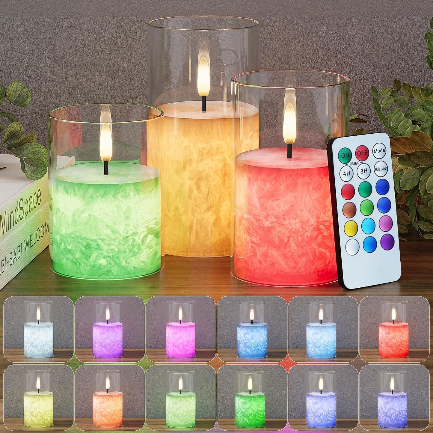 Battery Operated Flameless Candles with Remote & Timer, Gold Glass 3Pack | Real Wax Crystal Texture, D3×H4/5/6", 2/4/6/8H Timer, Dimming, Flickering Realistic LED Candles for Wedding Table Decor