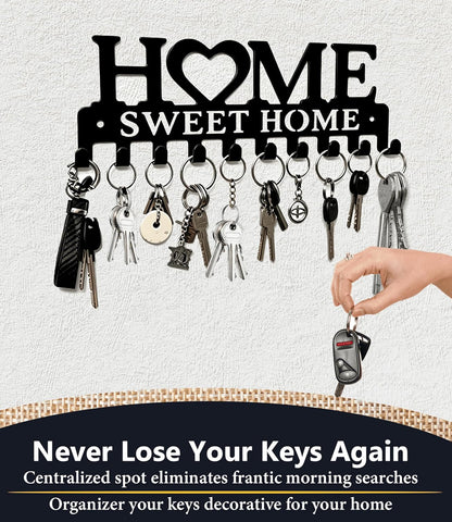 Key Holder Hooks Organizer Shelf Hanger Rack Wall Mounted Sweet Home Metal Decor Stylish and Practical for Entryway Front Door Kitchen Hallway Garage Mudroom Office Hardware Included Black