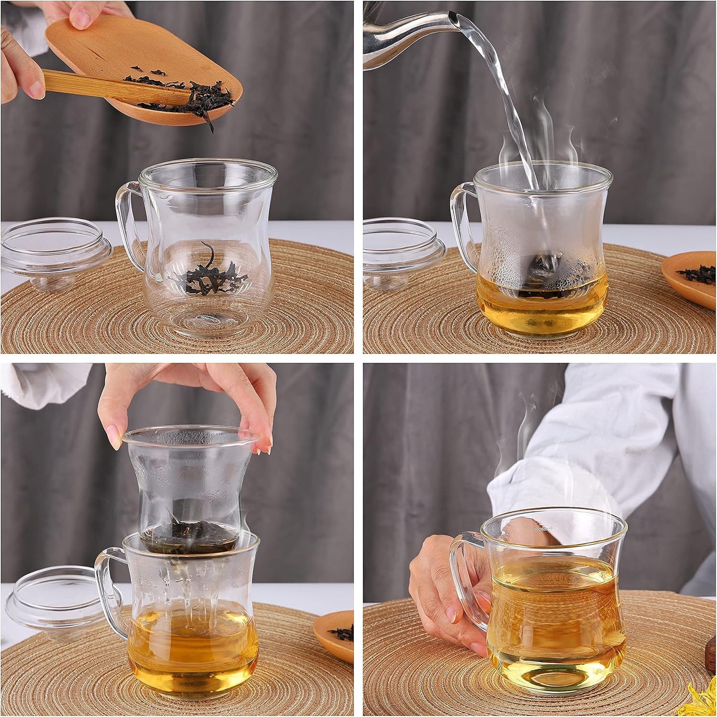 CNGLASS 12oz Double Walled Glass Tea Cup with Stainless Steel Infuser and Lid,Borosilicate Glass Tea Infuser Mug for Loose Tea,Teabag,Set of 1
