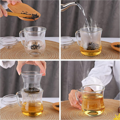 CNGLASS 12oz Double Walled Glass Tea Cup with Stainless Steel Infuser and Lid,Borosilicate Glass Tea Infuser Mug for Loose Tea,Teabag,Set of 1